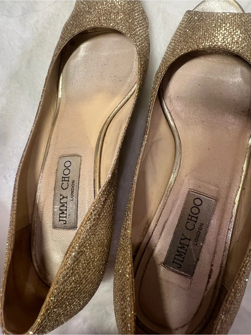 Jimmy Choo Gold Glitter Peep-Toe Wedge Pumps
